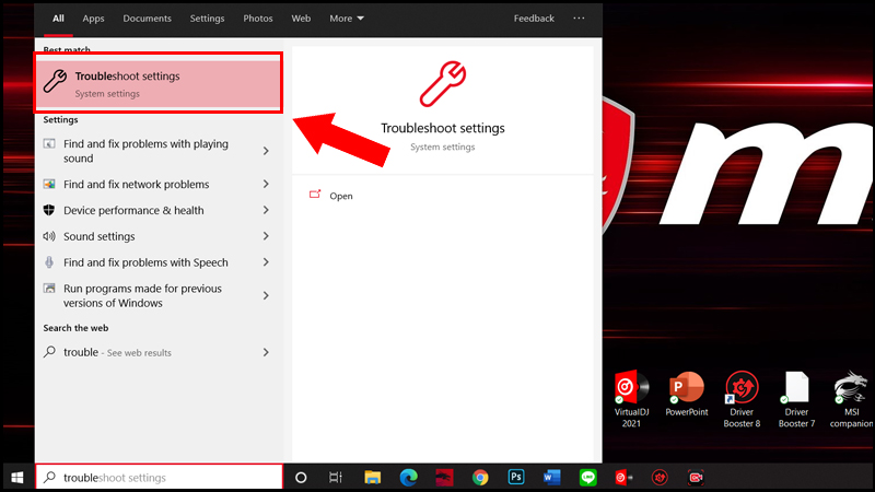 Vào Troubleshoot settings