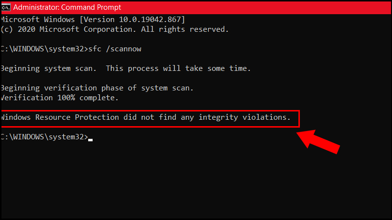 Dòng hiển thị Windows Resource Protection did not find any integrity violations