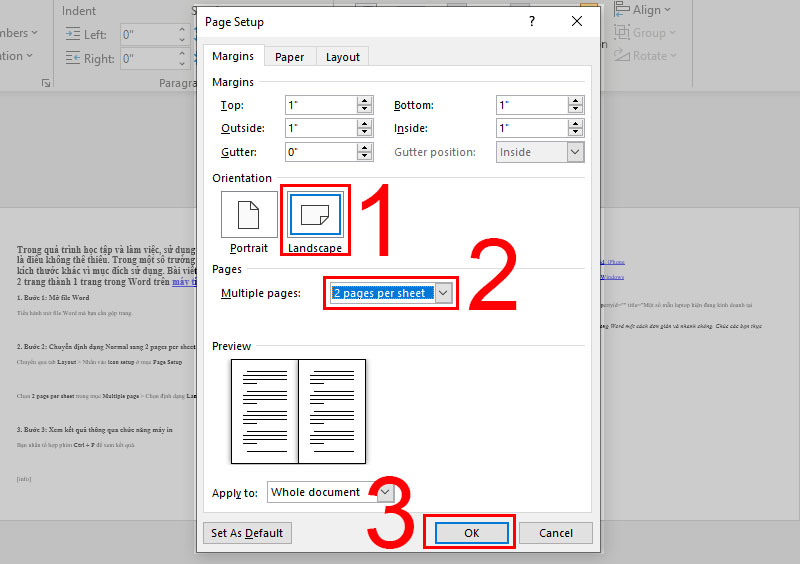 Chọn định dạng 2 pages per sheet