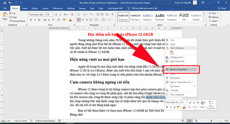Bấm vào Remove Hyperlink để xóa liên kết đã tạo