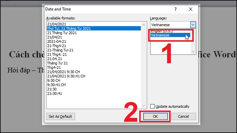 Chọn định dạng ngày giờ và ngôn ngữ là tiếng Việt (Vietnamese)