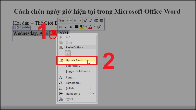 Cách cập nhật thời gian ngày tháng trong Word