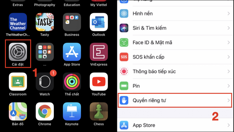 Truy cập vào mục Quyền riêng tư