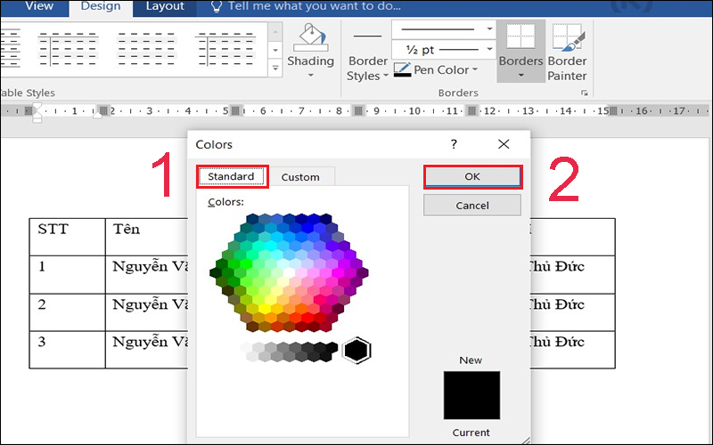 Chọn màu trong bảng Standard
