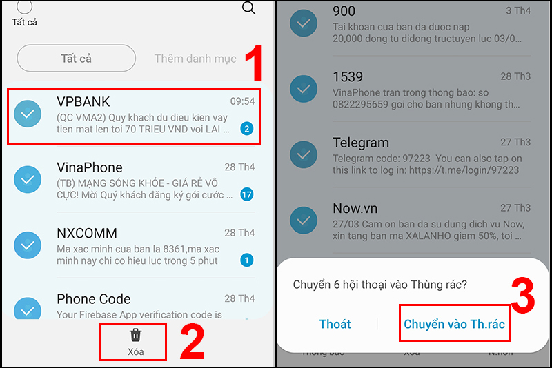 Chọn tin nhắn muốn xóa và nhấn Chuyển vào Thùng rác