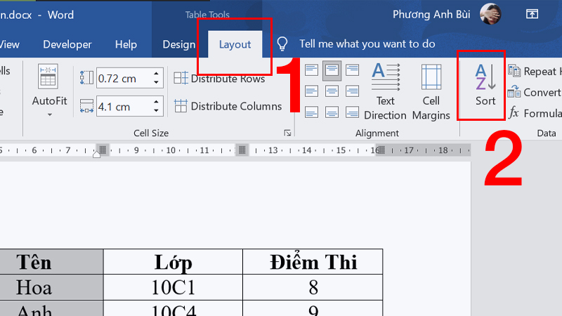 Nhấn tab Layout > Chọn Sort