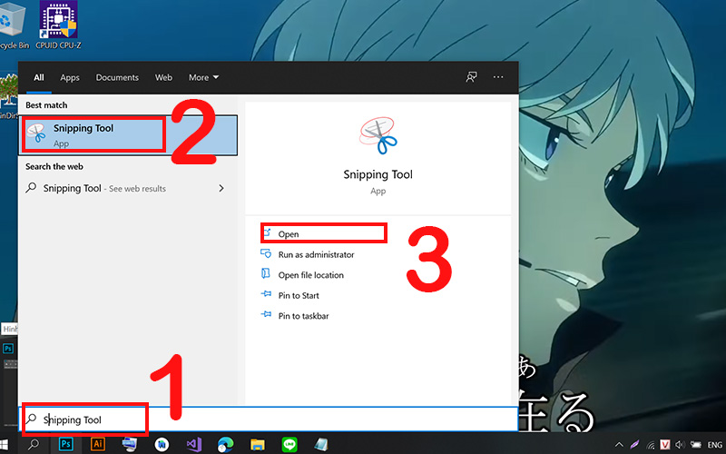 Tìm kiếm và mở Snipping Tool 