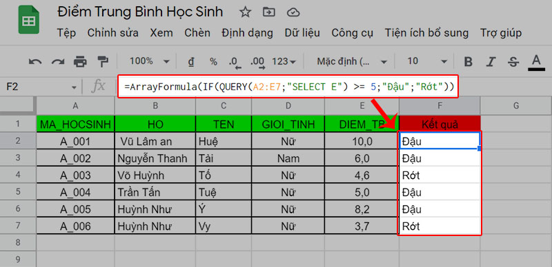 Hàm Query kết hợp hàm ArrayFormula()