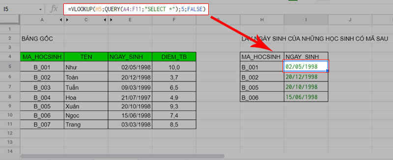 Hàm QUERY kết hợp với hàm VLOOKUP