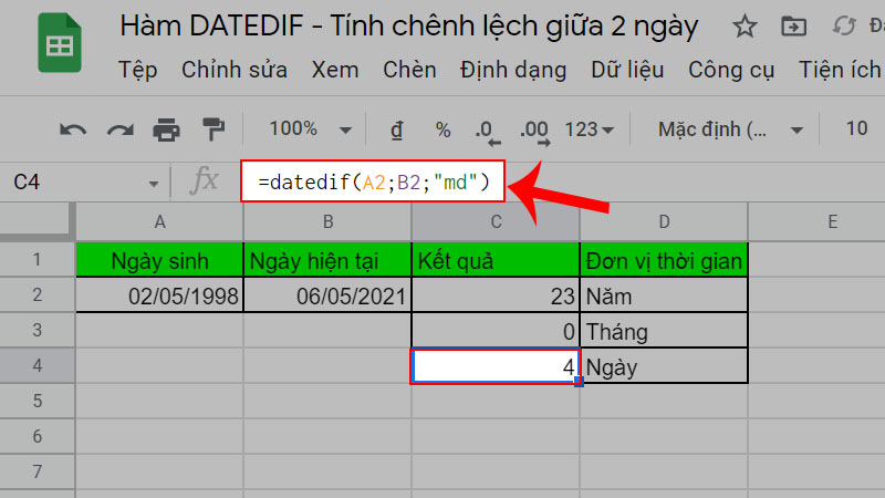 Dùng hàm datedif để tìm ngày