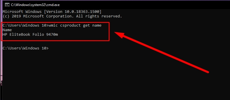 Nhập wmic csproduct get name để xem tên máy tính
