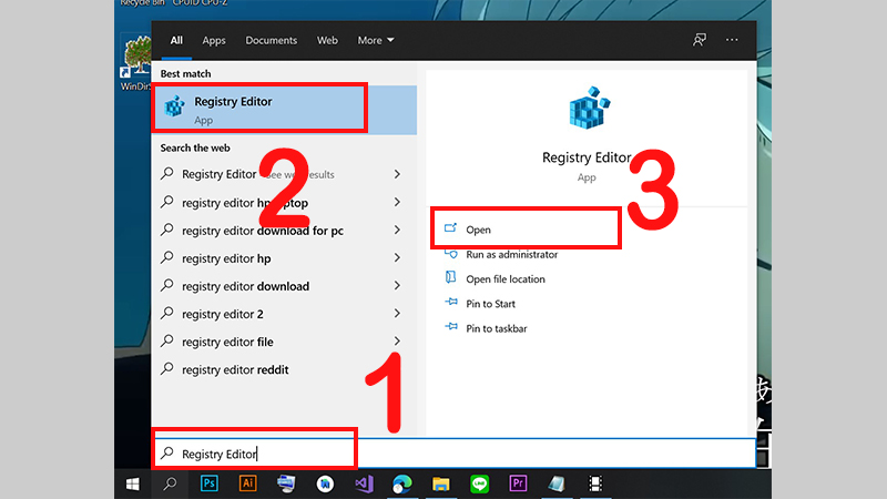 Nhập “Registry Editor” hoặc “regedit“ trên thanh tìm kiếm và chọn Open