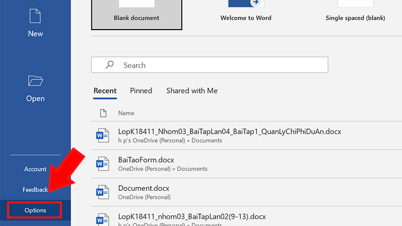 Vào Word, chọn Options để mở bảng Word Options