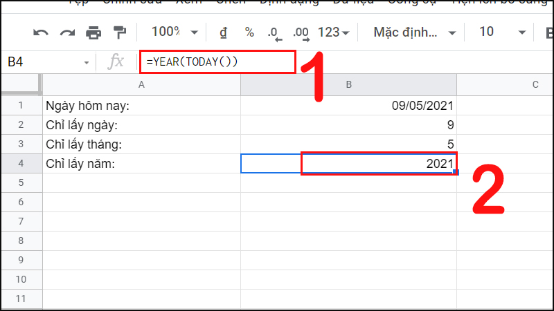 Hàm TODAY() kết hợp với hàm YEAR()
