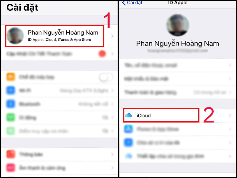 Vào cài đặt rồi chọn ICloud