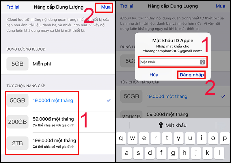 Chọn gói dung lượng bạn muốn mua và nhập mật khẩu ID Apple