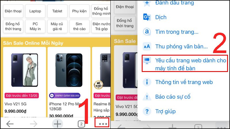 Bạn phải vào một trang web bất kỳ, chọn vào biểu tượng ba chấm và chọn chế độ xem của máy tính