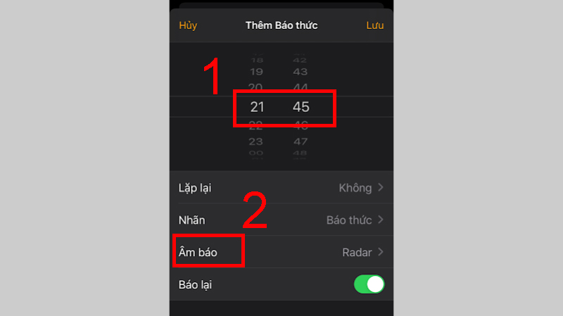 Chỉnh thời gian bạn muốn nhận báo thức và chọn mục Âm báo