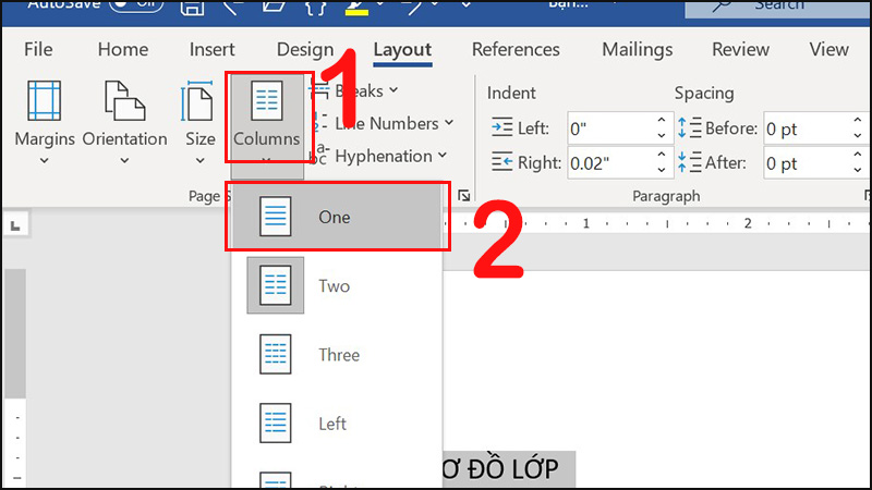 Chọn Columns, nhấn One