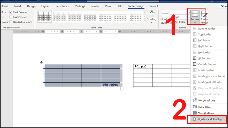 Chọn Borders, nhân Border and Shading
