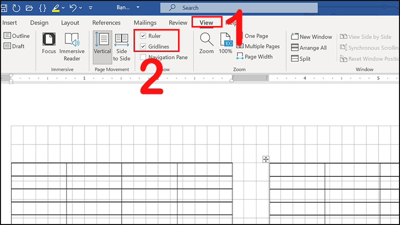 Hiện Ruler và Gridlines