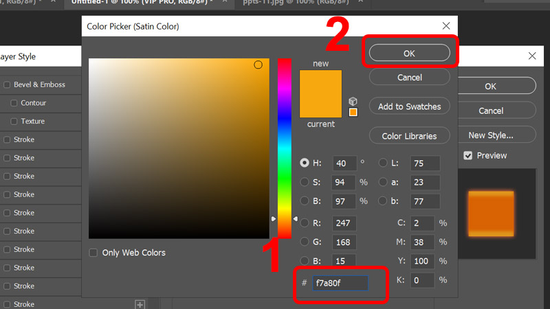Chọn mã màu f7a80f và nhấn OK