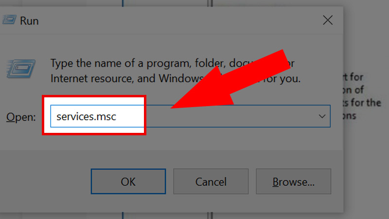 Nhập lệnh services.msc và hộp thoai Run