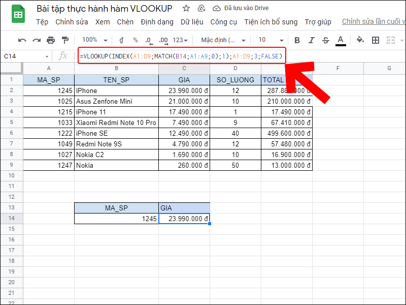 Sử dụng kết hợp hàm INDEX và MATCH