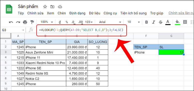 Kết hợp với hàm QUERY