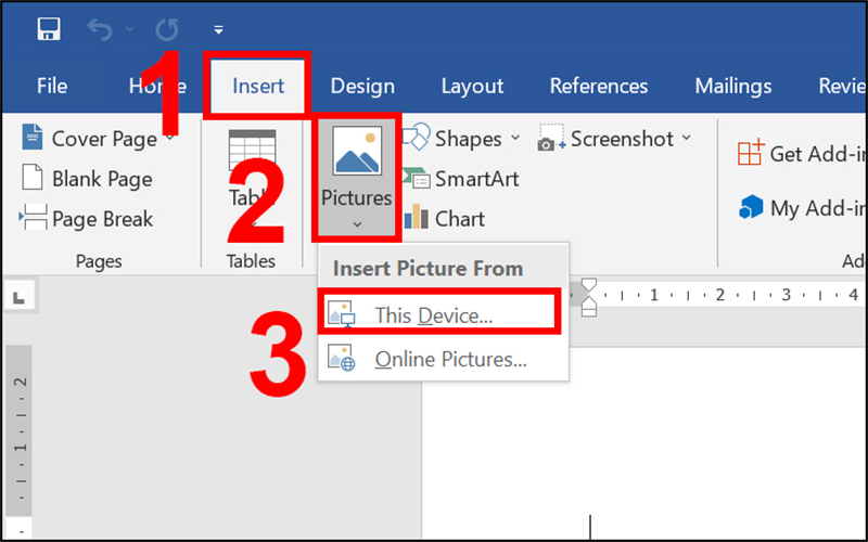 Chọn tab Insert, chọn Pictures và chọn This PC để chèn hình
