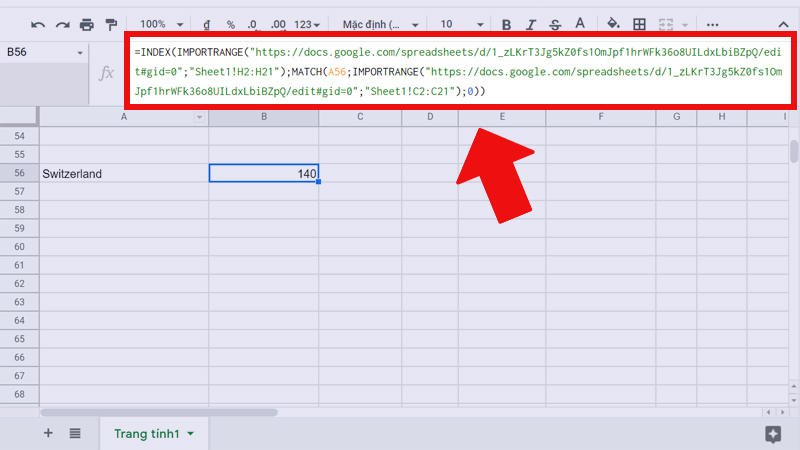 Sử dụng hàm IMPORTRANGE kết hợp với hàm INDEX, MATCH