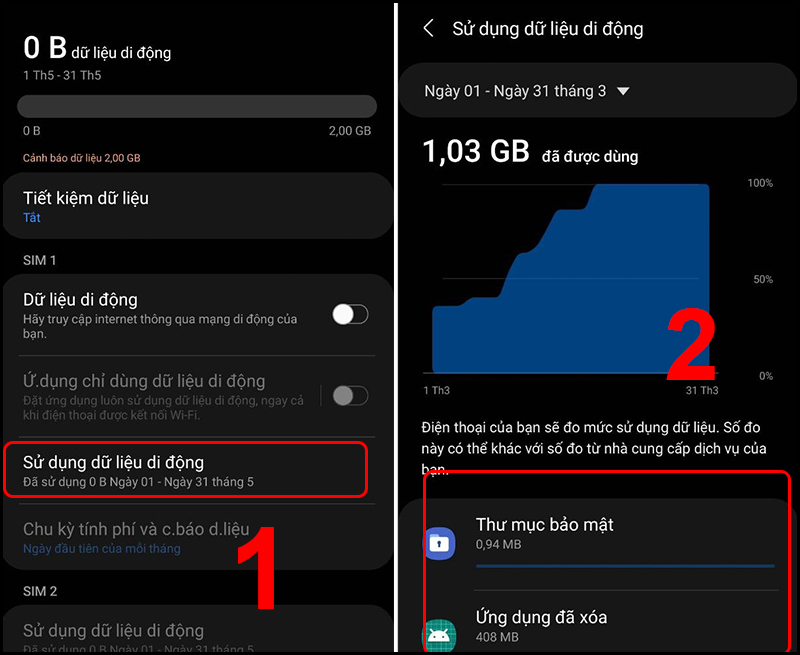 Ở mục Sử dụng dữ liệu di động, bạn cũng có thể xem bao nhiêu dung lượng đã được dùng