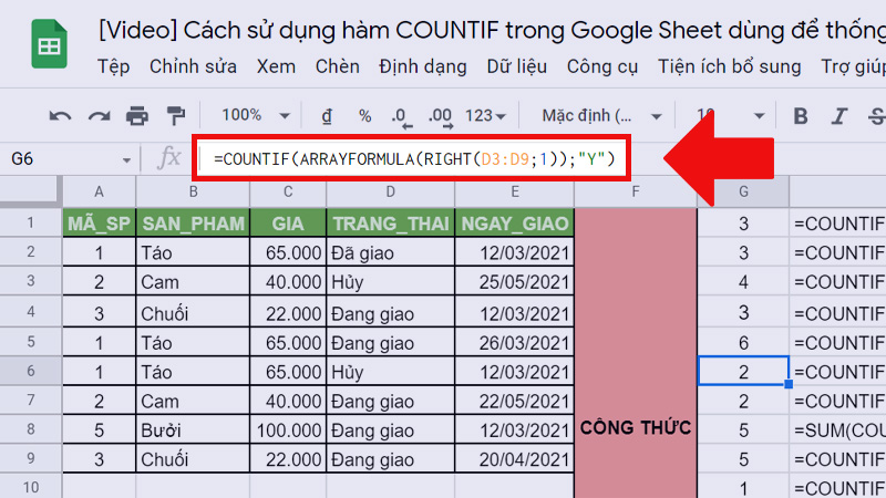 Hàm COUNTIF kết hợp với hàm RIGHT