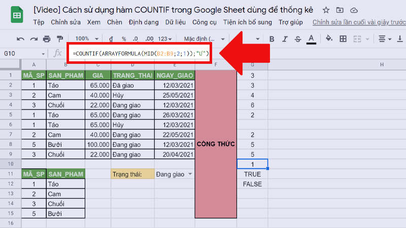 Hàm COUNTIF kết hợp với hàm MID