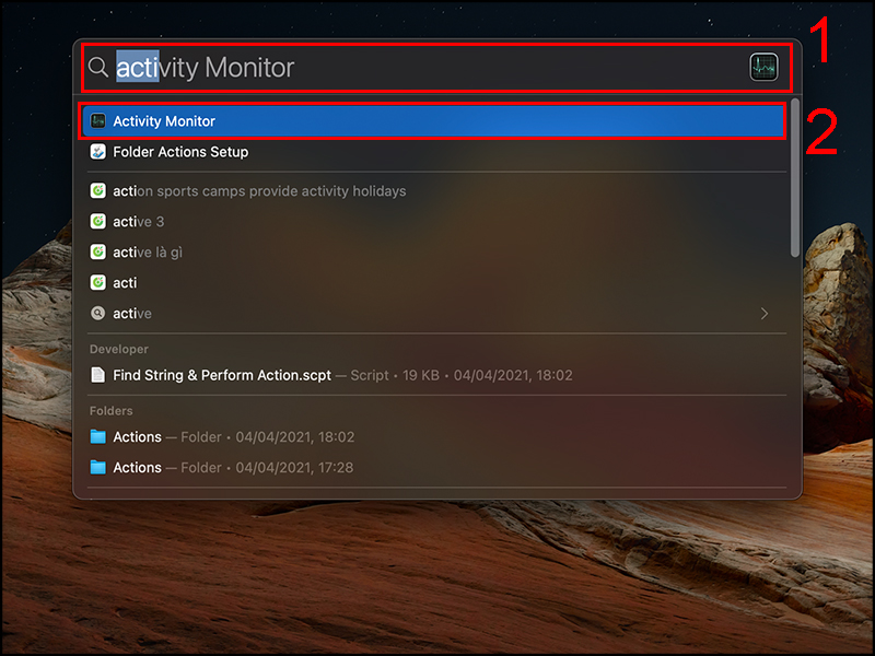Tìm kiến Activity Monitor trên Spotlight Search