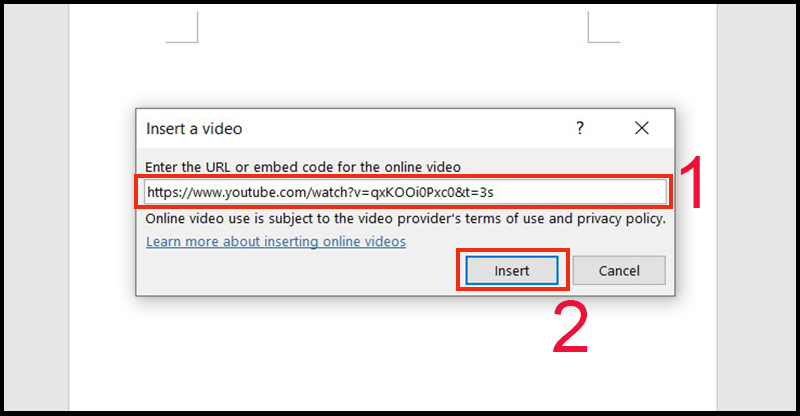Chèn link video từ YouTube và hộp thoại rồi ấn Insert