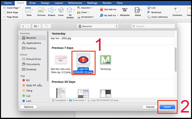 Chọn ảnh bạn muốn chèn rồi chọn Insert