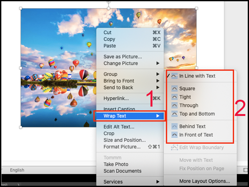Chọn Wrap Text để thay đổi vị trí hiển thị ảnh