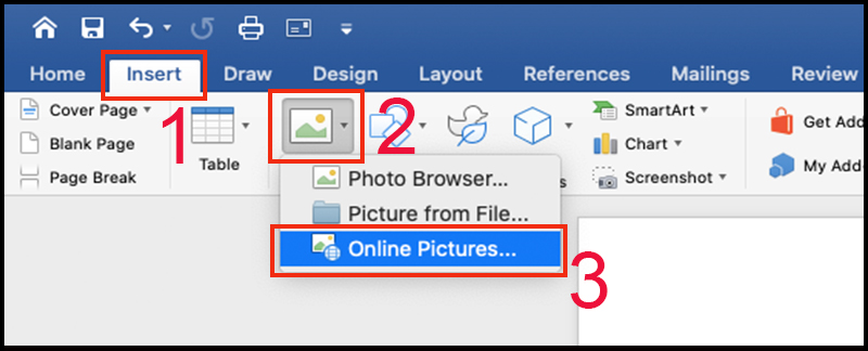Chọn Insert > Chọn Pictures > Chọn Online Pictures