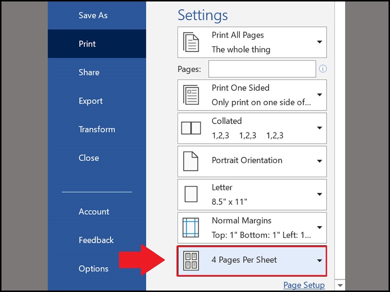 Chọn 4 Pages Per Sheet