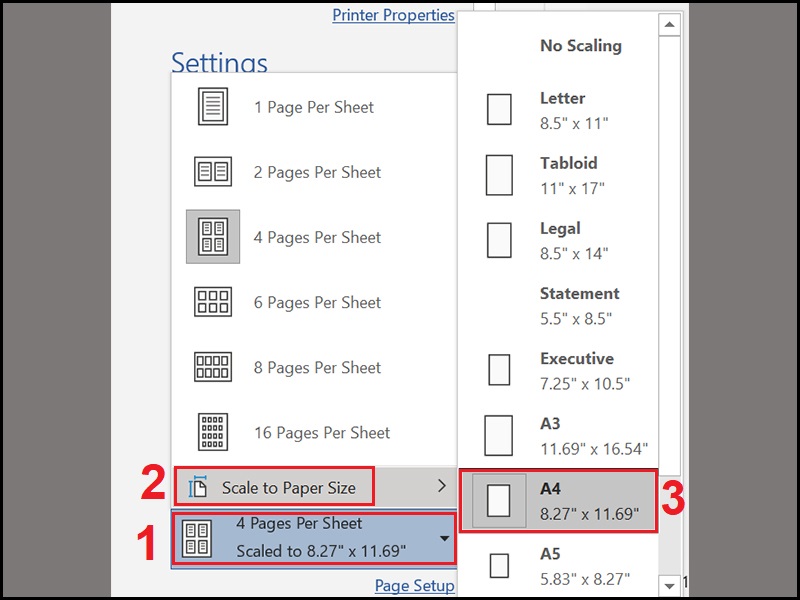 Chọn size trang giấy in là khổ A4