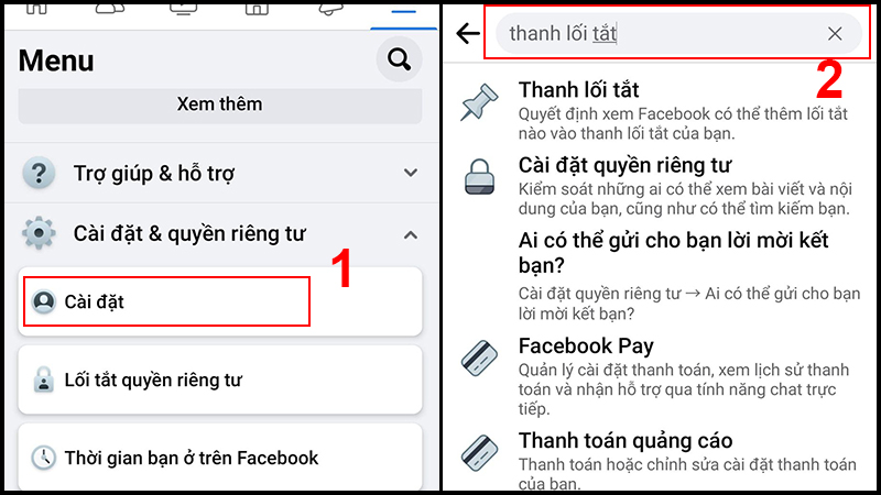 Mở thiết lập thanh lối tắt