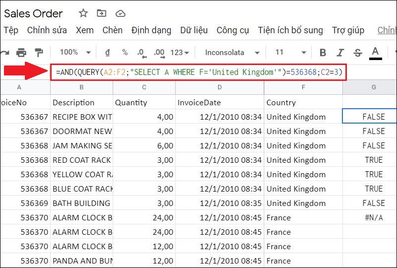 Ví dụ câu lệnh hàm AND lồng QUERY
