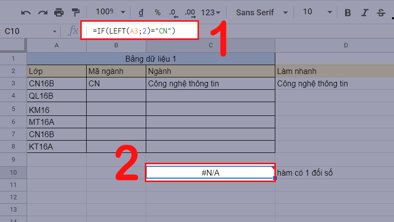 Lỗi #N/A trong Google Sheet