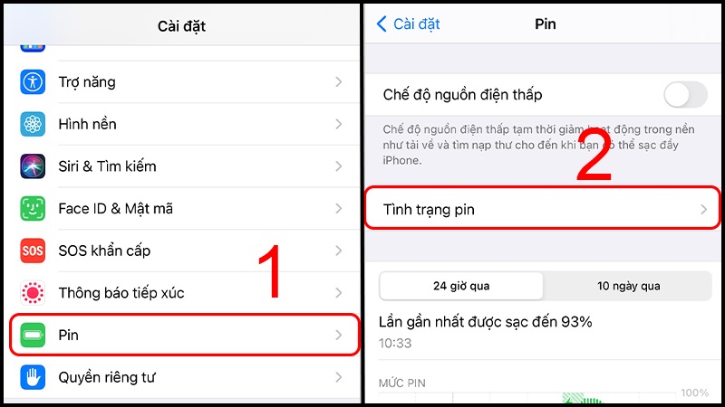 Chọn mục Pin trong ứng dụng Cài đặt và nhấn chọn Tình trạng pin
