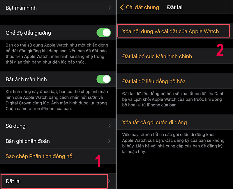 Ấn Xóa nội dung và cài đặt của Apple Watch để hoàn thành reset