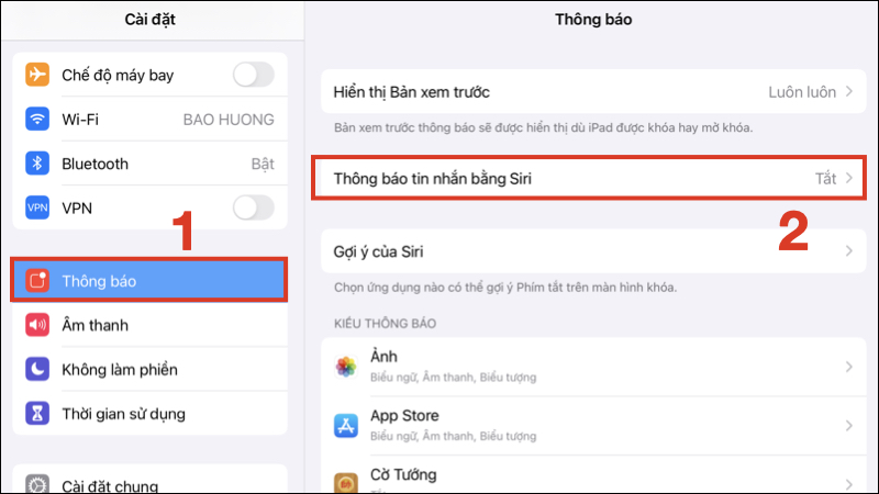 Chọn mục Thông báo tin nhắn bằng Siri