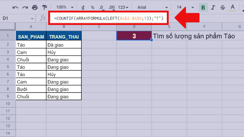 Kết hợp COUNTIF với hàm LEFT