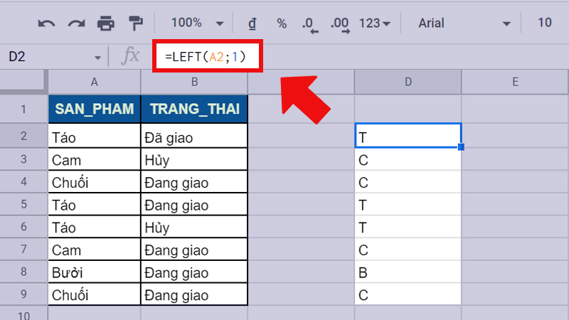 Sử dụng hàm LEFT để lấy ra 1 ký tự đầu tiên