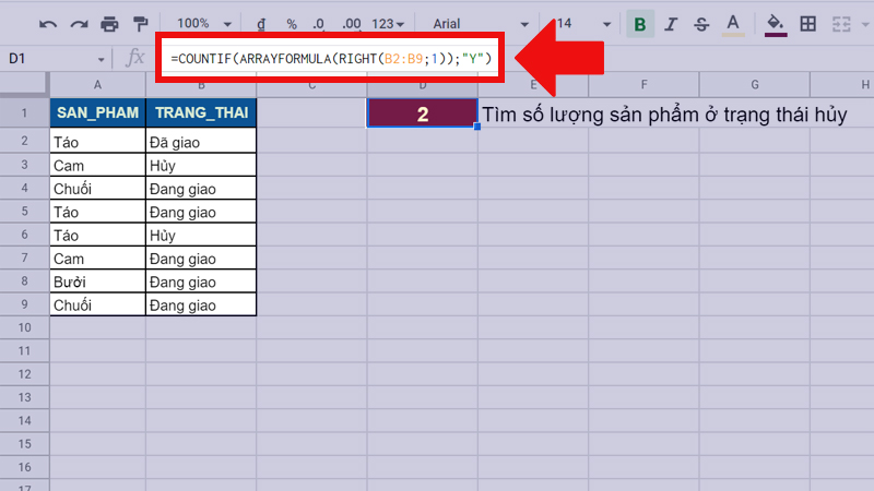 Hàm COUNTIF kết hợp hàm RIGHT